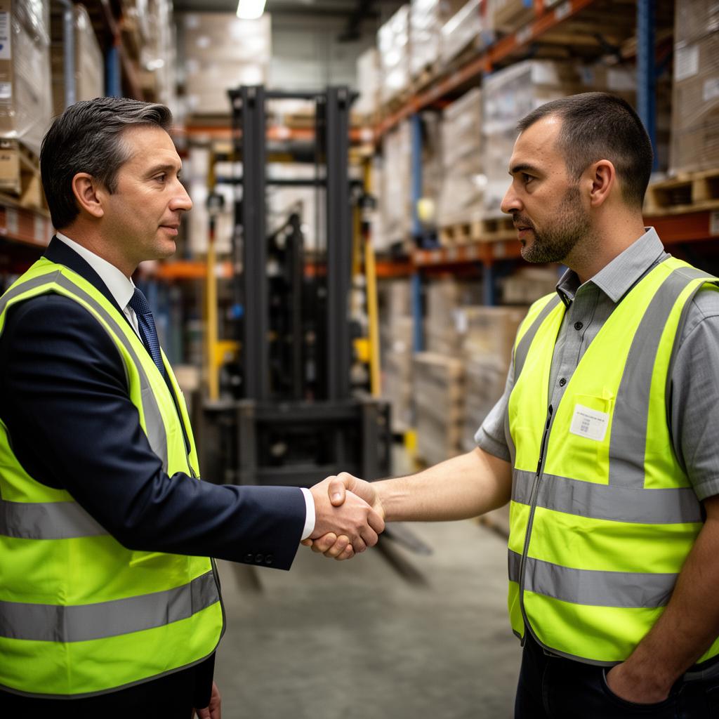 Plant manager shaking hands with a hiring partner inside a manufacturing facility