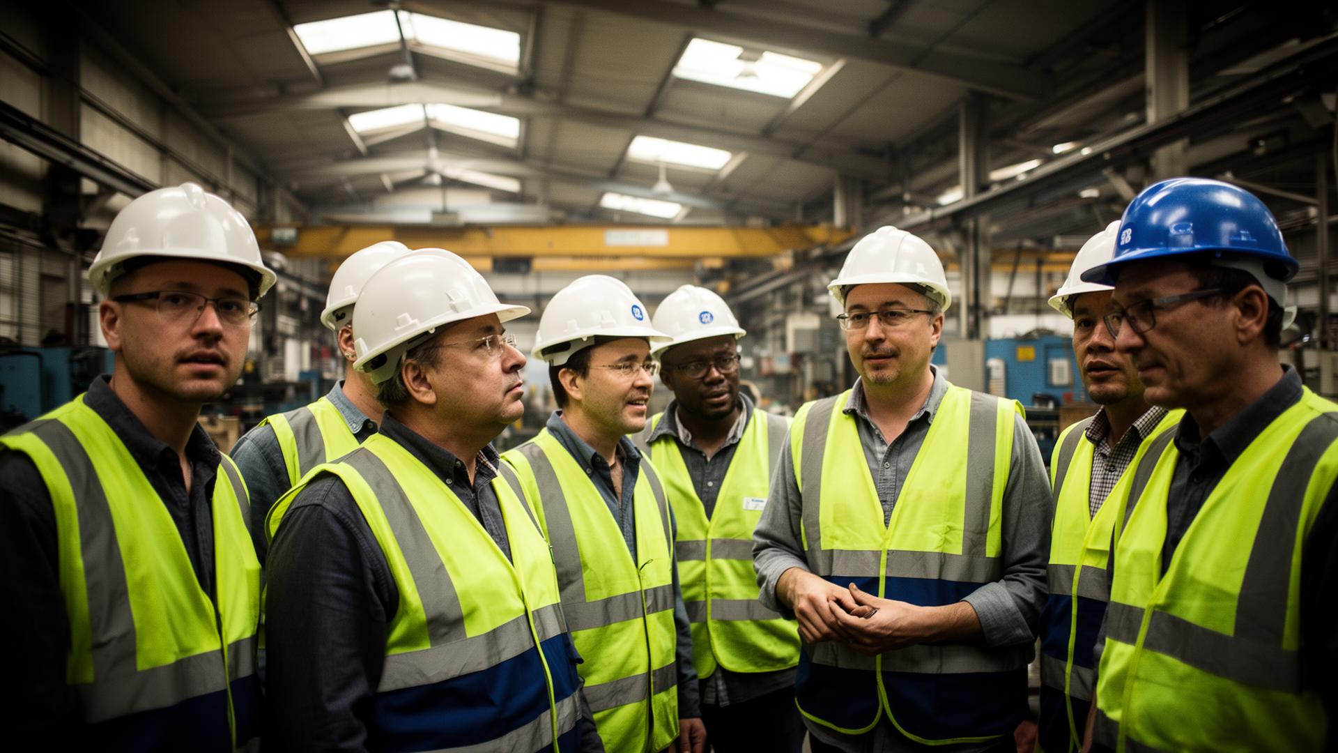 Industrial workers collaborating in a modern manufacturing facility
